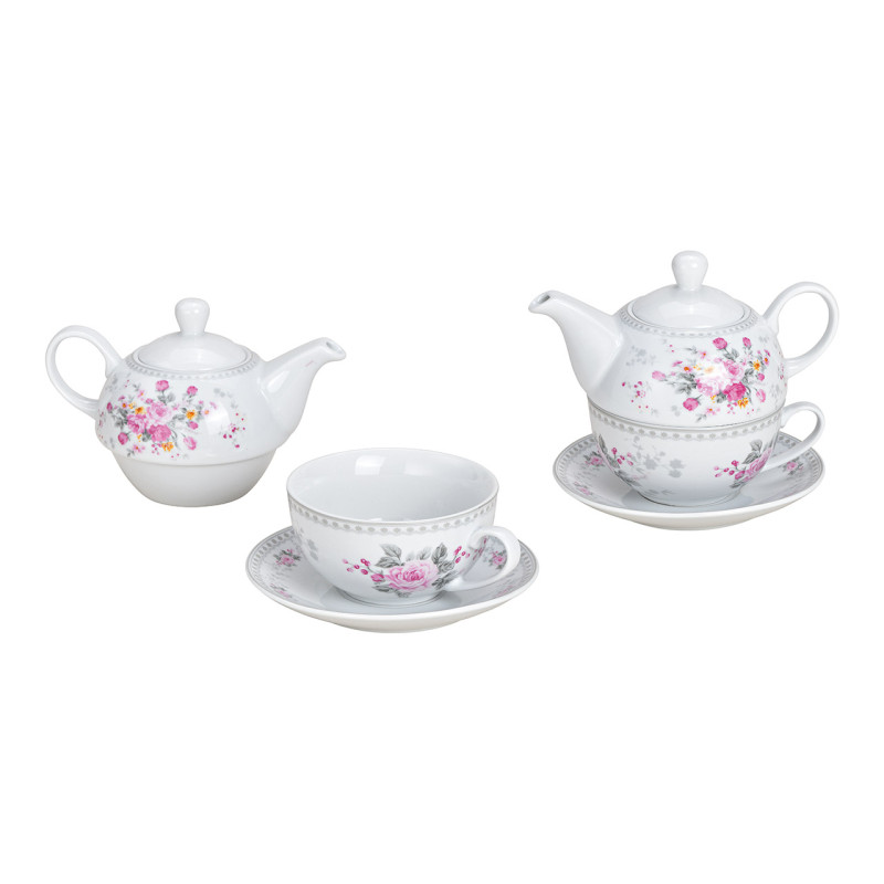 Théière égoïste Shabby chic 400 ml Porcelaine Blanc Gris Motif roses Tea For One - 1