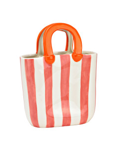 Vase original Sac à main Hauteur 23 cm Céramique Rose Blanc Orange Motif rayé Handyno - 1