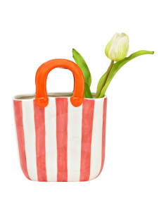 Vase original Sac à main Hauteur 23 cm Céramique Rose Blanc Orange Motif rayé Handyno - 1 2