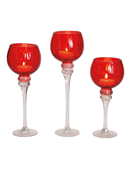 Grand Photophore sur pied Calice Verre Rouge Craquelé Transparent Kovan (Lot de 3) - 1