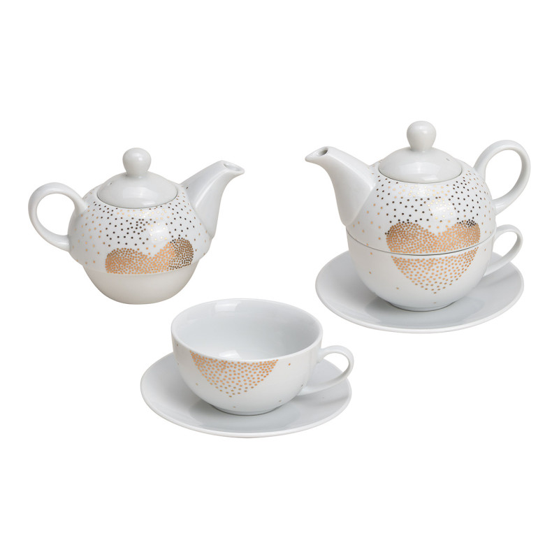 Théière égoïste romantique chic 400 ml Porcelaine Blanc Doré Motif coeur Tea For One - 1