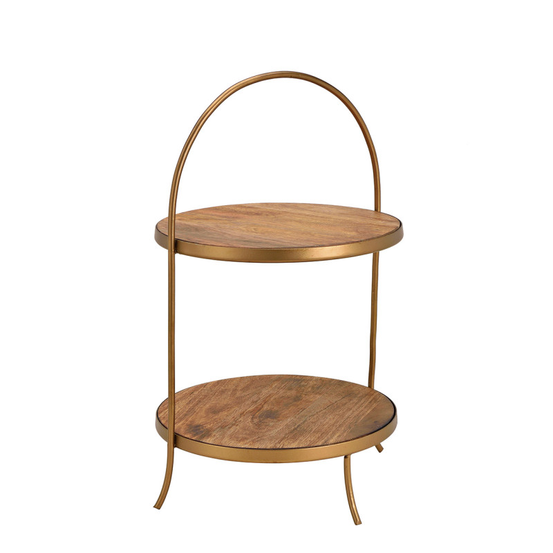 Présentoir 2 étagères rustique chic Rond Hauteur 55 cm Bois de manguier Naturel Métal Doré Asion - 1