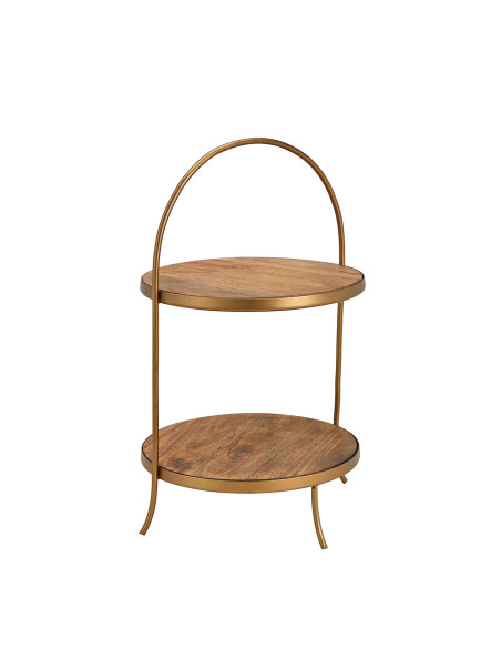 Présentoir 2 étagères rustique chic Rond Hauteur 55 cm Bois de manguier Naturel Métal Doré Asion - 1
