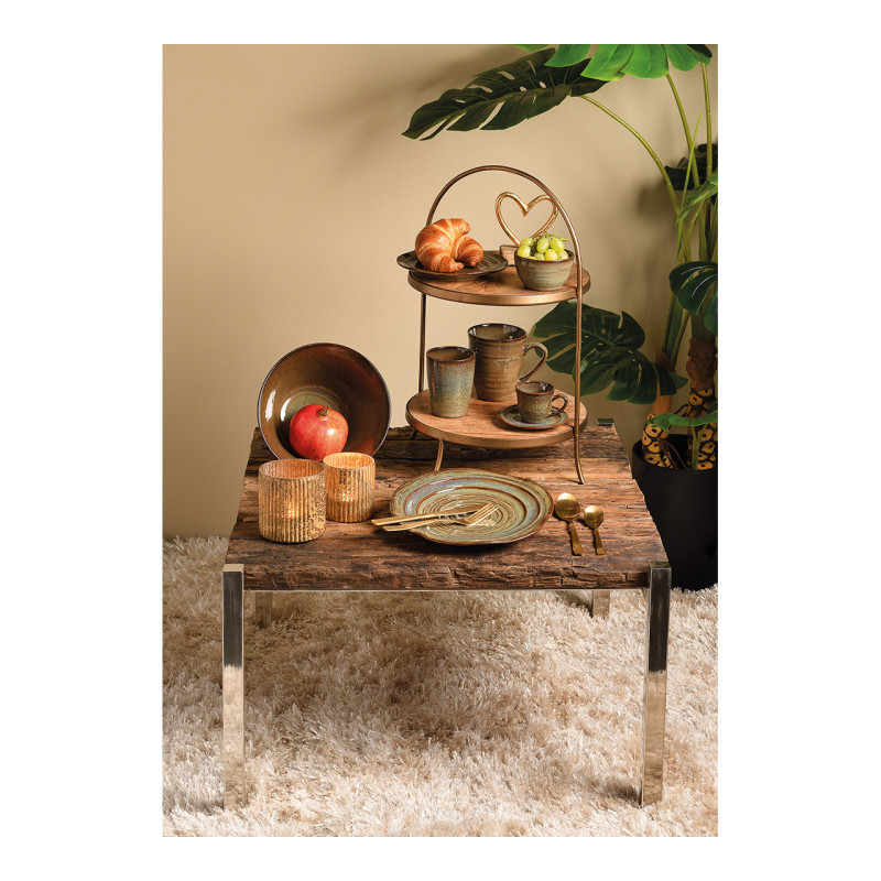 Présentoir 2 étagères rustique chic Rond Hauteur 55 cm Bois de manguier Naturel Métal Doré Asion - 2