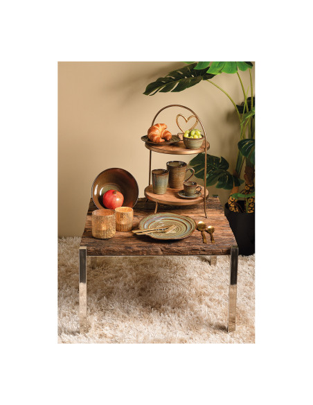 Présentoir 2 étagères rustique chic Rond Hauteur 55 cm Bois de manguier Naturel Métal Doré Asion - 2