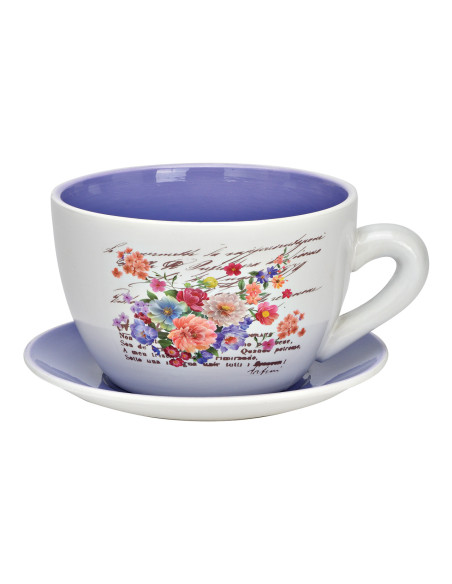 Cache-pot Tasse shabby chic 25 cm Céramique Blanc Lilas Motif fleurs Dayon - 1