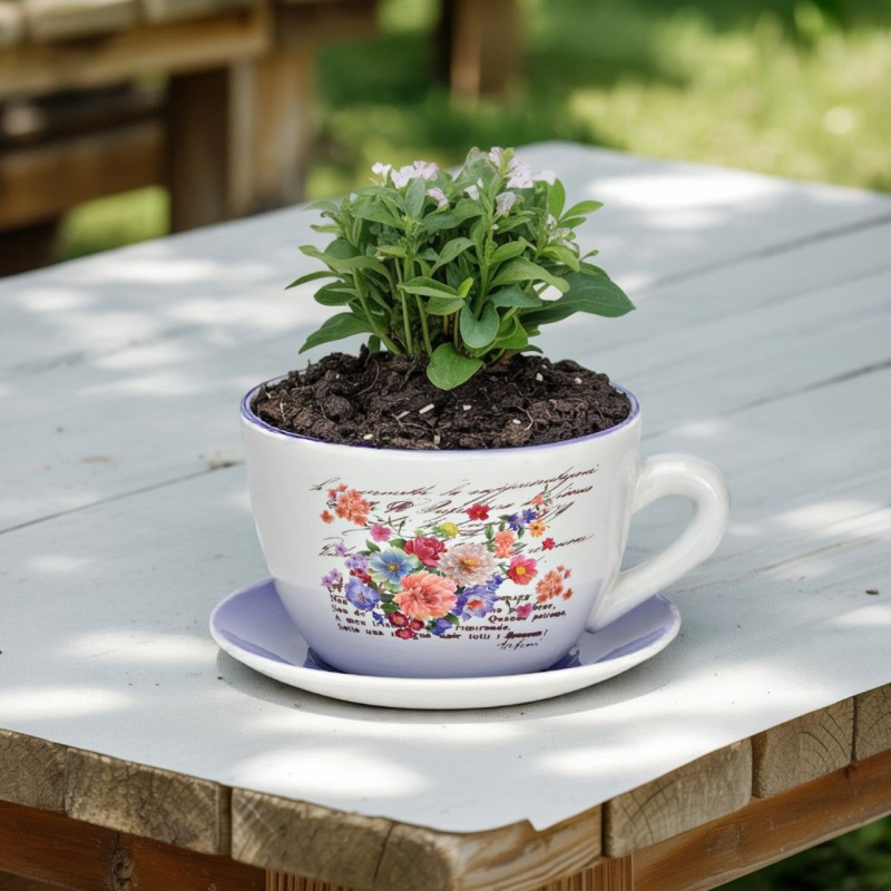 Cache-pot Tasse shabby chic 25 cm Céramique Blanc Lilas Motif fleurs Dayon - 2