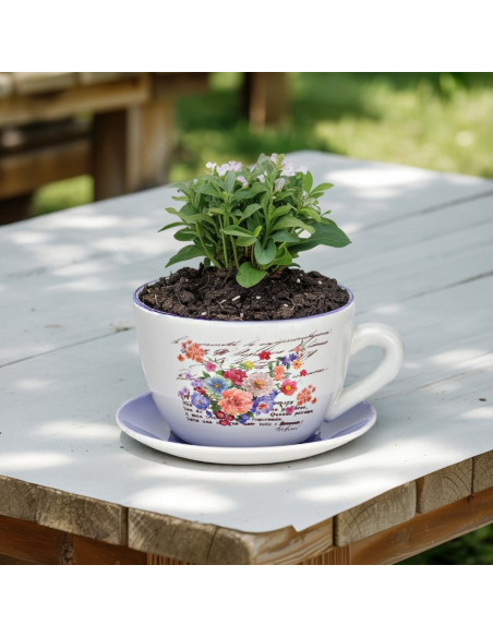 Cache-pot Tasse shabby chic 25 cm Céramique Blanc Lilas Motif fleurs Dayon - 2