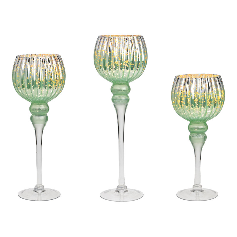 Grand Photophore sur pied Calice Verre Vert menthe Transparent Korin (Lot de 3) - 1