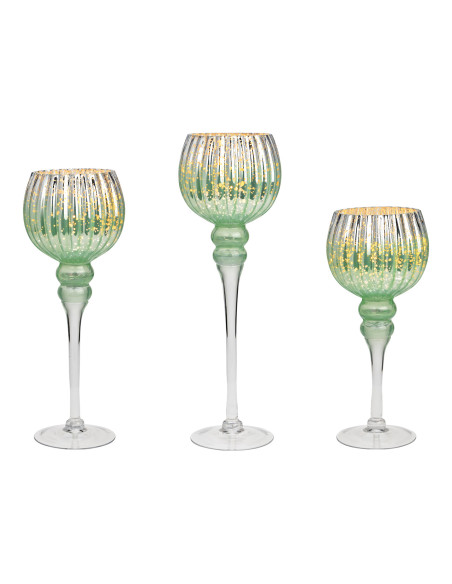 Grand Photophore sur pied Calice Verre Vert menthe Transparent Korin (Lot de 3) - 1