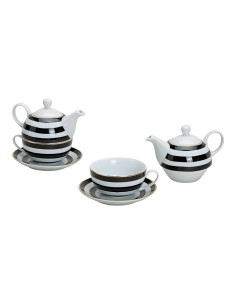Théière égoïste moderne Porcelaine Blanc Noir Doré Motif rayures Tea For One - 1