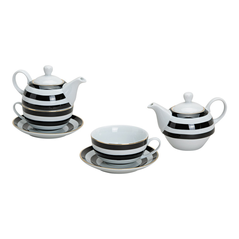 Théière égoïste moderne Porcelaine Blanc Noir Doré Motif rayures Tea For One - 1