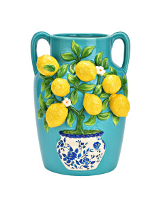 Vase méditerranéen 2 anses Jarre Hauteur 26 cm Céramique Turquoise Jaune Motif citrons Oivan - 1
