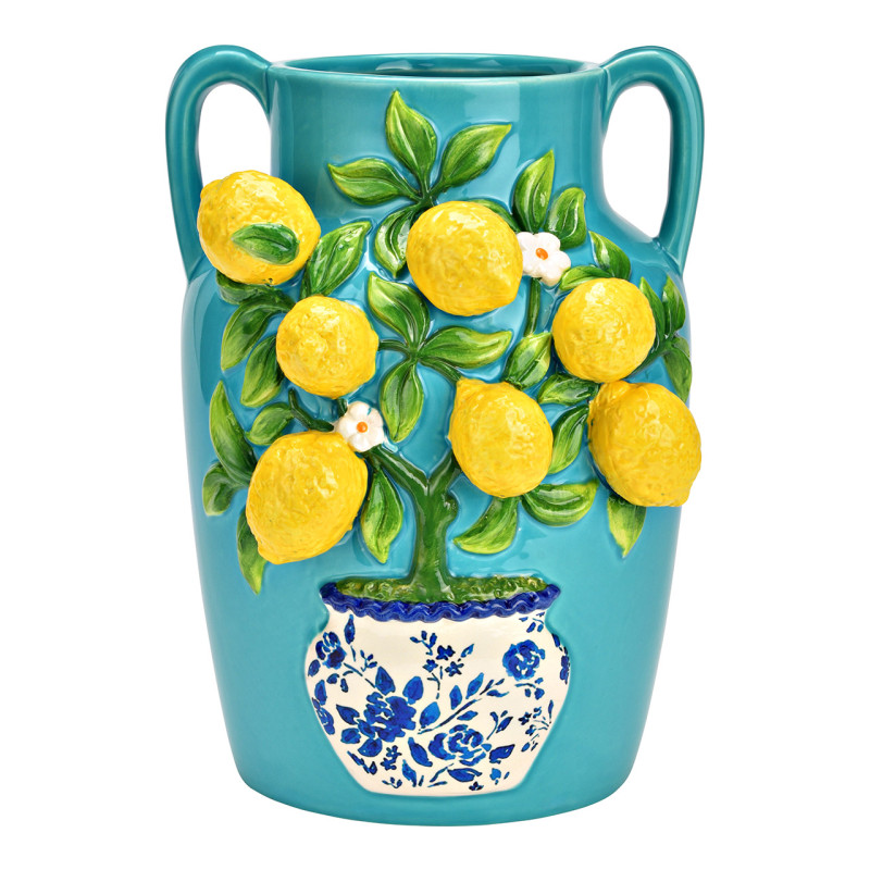 Vase méditerranéen 2 anses Jarre Hauteur 26 cm Céramique Turquoise Jaune Motif citrons Oivan - 1