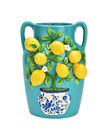 Vase méditerranéen 2 anses Jarre Hauteur 26 cm Céramique Turquoise Jaune Motif citrons Oivan - 1