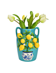 Vase méditerranéen 2 anses Jarre Hauteur 26 cm Céramique Turquoise Jaune Motif citrons Oivan - 1 2