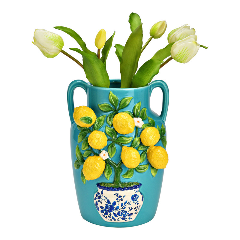 Vase méditerranéen 2 anses Jarre Hauteur 26 cm Céramique Turquoise Jaune Motif citrons Oivan - 2