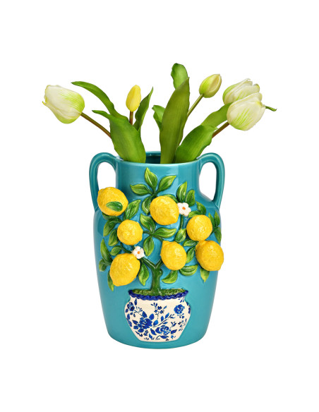 Vase méditerranéen 2 anses Jarre Hauteur 26 cm Céramique Turquoise Jaune Motif citrons Oivan - 2