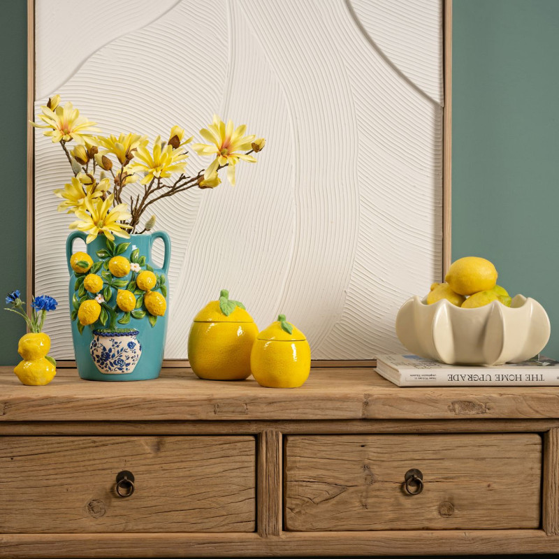 Vase méditerranéen 2 anses Jarre Hauteur 26 cm Céramique Turquoise Jaune Motif citrons Oivan - 3