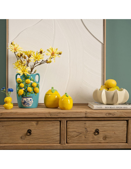 Vase méditerranéen 2 anses Jarre Hauteur 26 cm Céramique Turquoise Jaune Motif citrons Oivan - 3