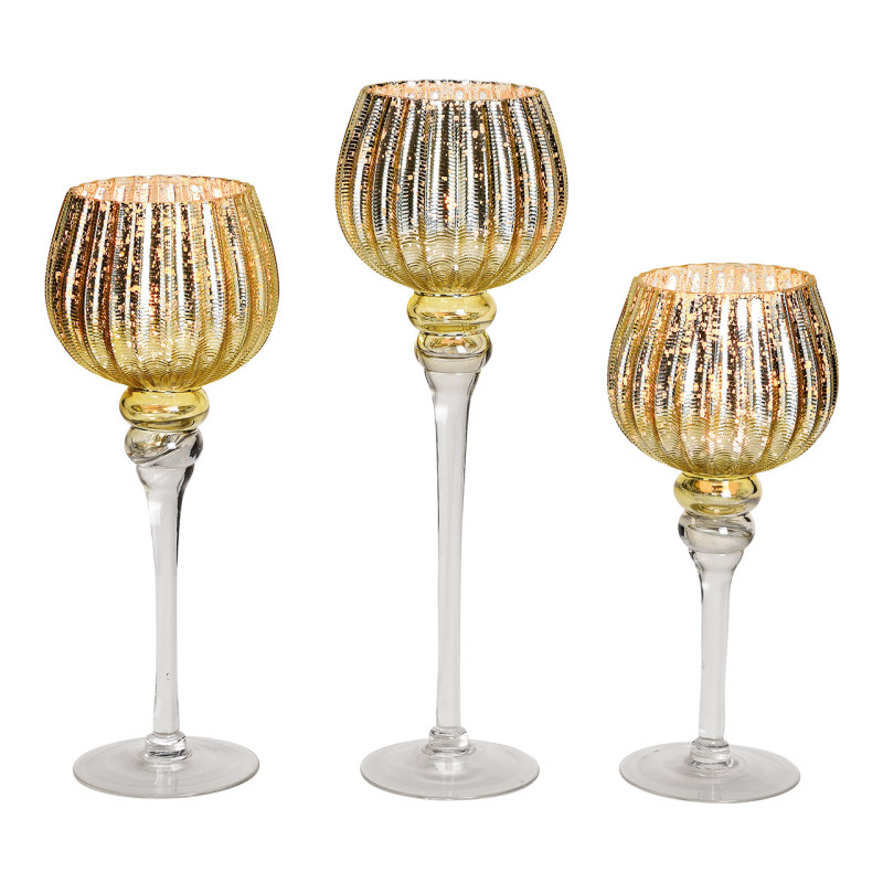 Grand Photophore sur pied Calice Verre Doré Cannelé Transparent Kovan (Lot de 3) - 1