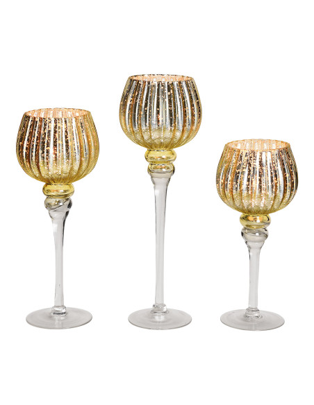 Grand Photophore sur pied Calice Verre Doré Cannelé Transparent Kovan (Lot de 3) - 1