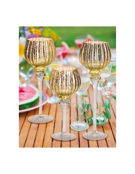 Grand Photophore sur pied Calice Verre Doré Cannelé Transparent Kovan (Lot de 3) - 4