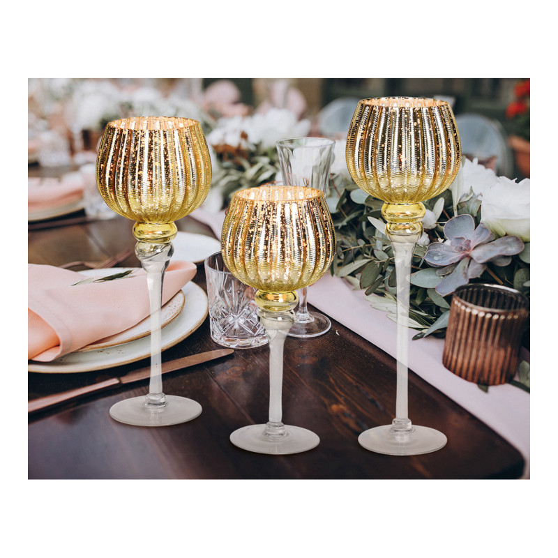 Grand Photophore sur pied Calice Verre Doré Cannelé Transparent Kovan (Lot de 3) - 5