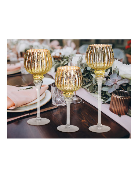 Grand Photophore sur pied Calice Verre Doré Cannelé Transparent Kovan (Lot de 3) - 5