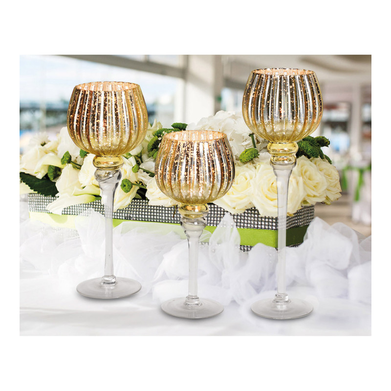 Grand Photophore sur pied Calice Verre Doré Cannelé Transparent Kovan (Lot de 3) - 6