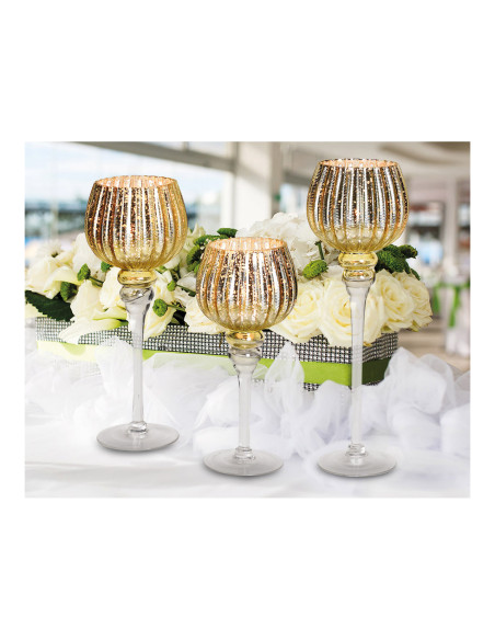 Grand Photophore sur pied Calice Verre Doré Cannelé Transparent Kovan (Lot de 3) - 6