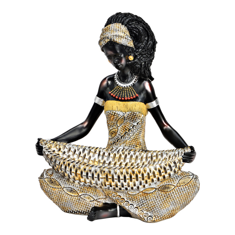 Statuette déco Femme africaine assise Hauteur 23 cm Résine Noir Beige Faida - 1