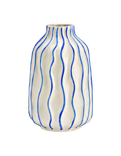 Vase méditerranéen ondulé Cylindrique Hauteur 21 cm Céramique Blanc Bleu Motif rayé Olyen - 1