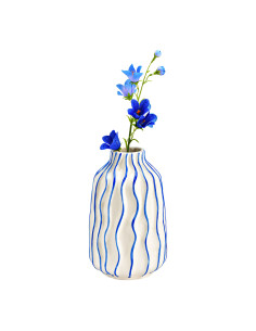 Vase méditerranéen ondulé Cylindrique Hauteur 21 cm Céramique Blanc Bleu Motif rayé Olyen - 1 2