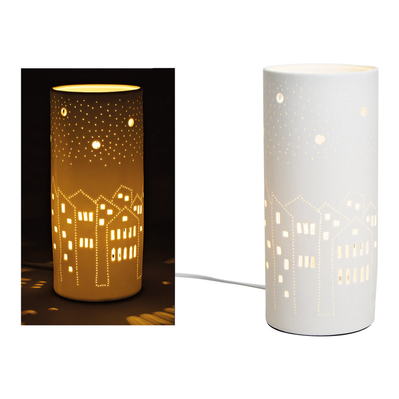 Lampe à poser ajourée Maisons Hauteur 28 cm Porcelaine Blanc Hauser - 1