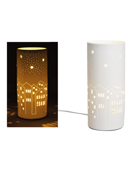 Lampe à poser ajourée Maisons Hauteur 28 cm Porcelaine Blanc Hauser - 1