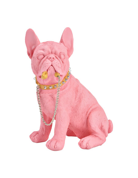 Statuette bouledogue en polyrésine rose avec laisse 16,5 x 12,5 x 21 cm Zilan