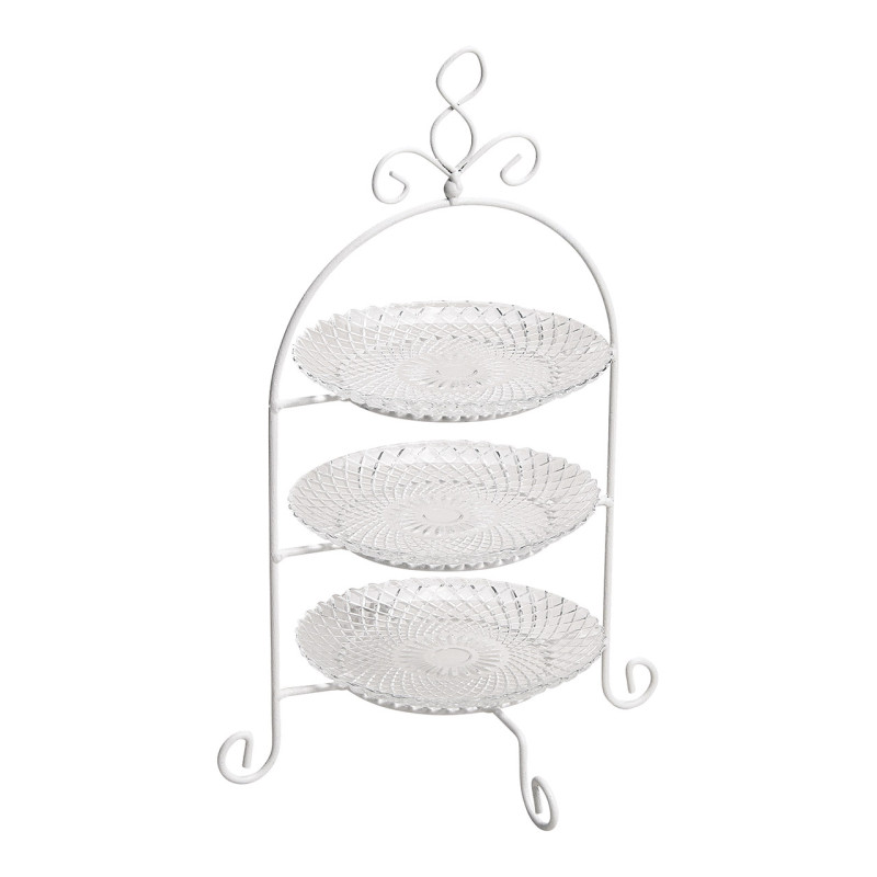 Présentoir 3 étages shabby chic Rond Hauteur 37 cm Verre Transparent Métal Blanc Winor - 1