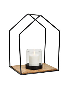Photophore moderne chic Maison Hauteur 34 cm Métal Noir Bois de manguier Naturel Verre Transparent Kaeli - 1