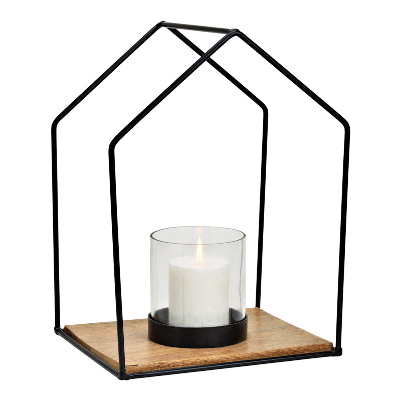 Photophore moderne chic Maison Hauteur 34 cm Métal Noir Bois de manguier Naturel Verre Transparent Kaeli - 1