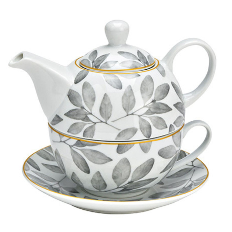 Théière égoïste moderne 400 ml Porcelaine Blanc Gris Doré Motif feuilles Tea For One - 1