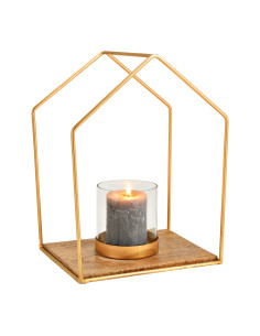 Photophore moderne chic Maison Hauteur 34 cm Métal Doré Bois de manguier Naturel Verre Transparent Kaeli - 1