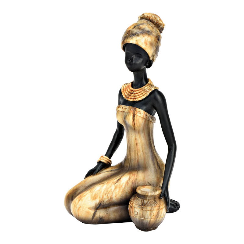 Statuette déco Femme africaine assise Hauteur 18 cm Résine Noir Beige Amara - 1
