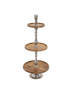 Présentoir 3 étages rustique chic Rond Hauteur 97 cm Métal Argenté Bois de manguier Naturel Giran - 1