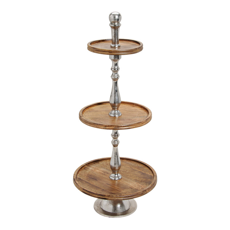 Présentoir 3 étages rustique chic Rond Hauteur 97 cm Métal Argenté Bois de manguier Naturel Giran - 1
