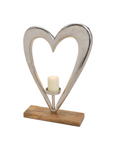 Grand Bougeoir romantique moderne Coeur Hauteur 51 cm Métal Argenté Bois de manguier Naturel Zalen - 1
