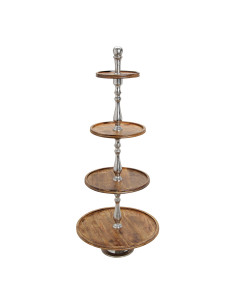 Présentoir 4 étages rustique chic Rond Hauteur 130 cm Métal Argenté Bois de manguier Naturel Giran - 1
