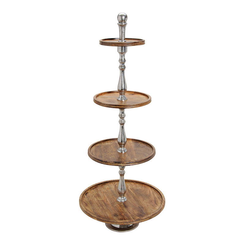 Présentoir 4 étages rustique chic Rond Hauteur 130 cm Métal Argenté Bois de manguier Naturel Giran - 1