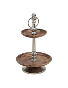 Présentoir 2 étagères vintage chic Rond Hauteur 33 cm Bois Marron Métal Argenté Eniel - 1