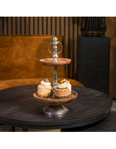 Présentoir 2 étagères vintage chic Rond Hauteur 33 cm Bois Marron Métal Argenté Eniel - 1 2